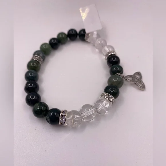Celtic bracelet with green moss agate and clear quartz. NWT - Picture 3 of 5